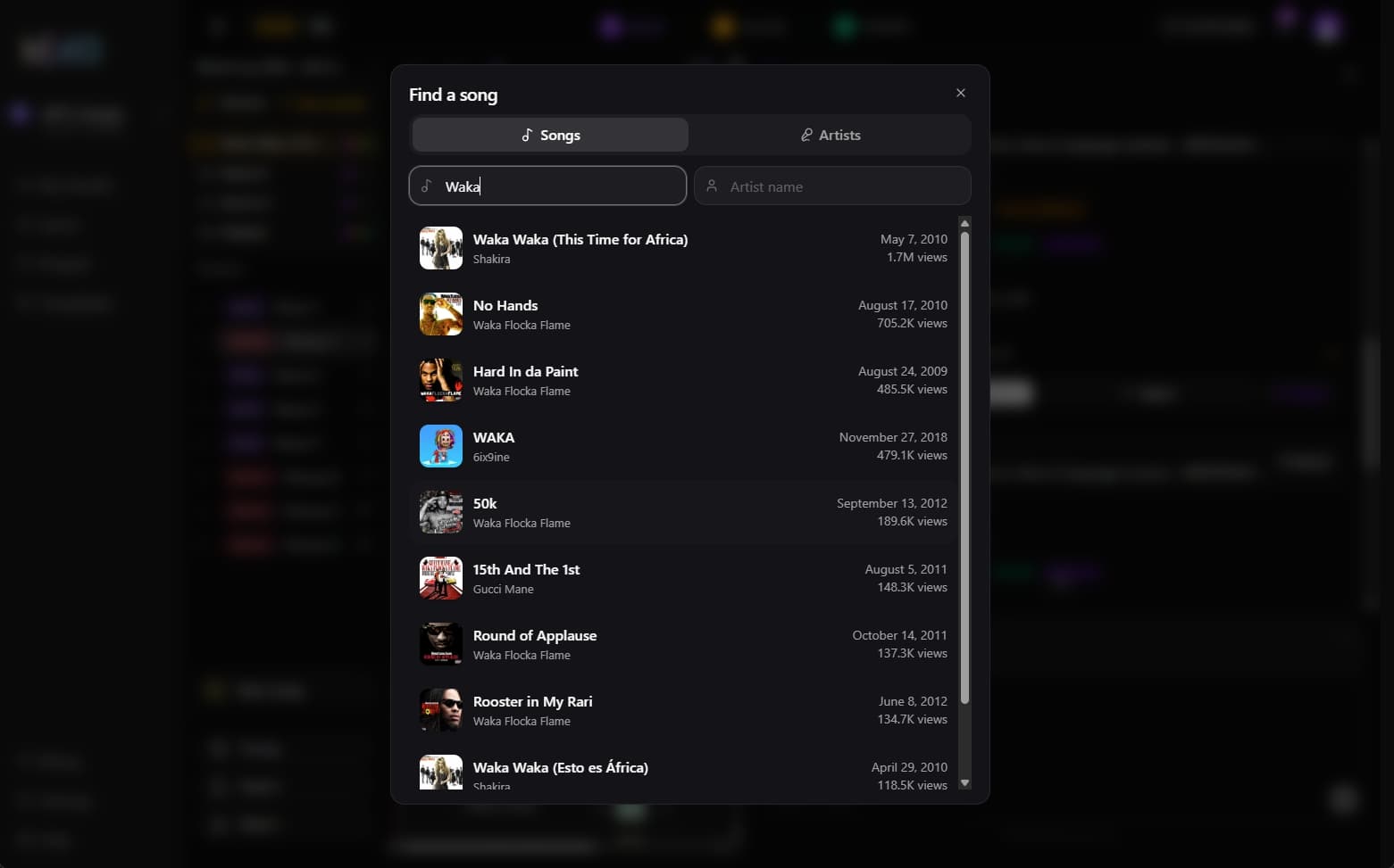 Screenshot of the song search and import modal